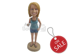 Custom Bobblehead Sexy Babe In Denim Shorts And Sleeveless Top With Glass In Hand - Leisure & Casual Casual Females Personalized Bobblehead & Cake Topper