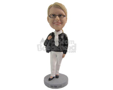Custom Bobblehead Beautiful Lady Wearing A Leather Jacket, Tight Pants Trendy Heels And A Scarf Around Her Neck - Leisure & Casual Casual Females Personalized Bobblehead & Cake Topper