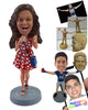 Custom Bobblehead Excited young lady wearing beautiful summer dress with a side shoulder bag having a good beer - Leisure & Casual Casual Females Personalized Bobblehead & Action Figure