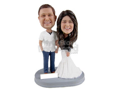 Custom Bobblehead Cheerful Couple Wearing Elegant Casual Outfit - Wedding & Couples Couple Personalized Bobblehead & Cake Topper