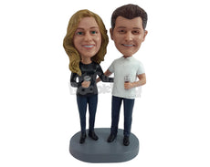 Custom Bobblehead Jovial couple toasting for good fortune to come - Wedding & Couples Couple Personalized Bobblehead & Action Figure
