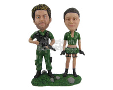 Custom Bobblehead Jungle Army Couple In Their Uniform With Guns In Hand - Wedding & Couples Couple Personalized Bobblehead & Cake Topper