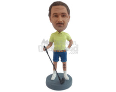 Custom Bobblehead Cool dude holding golf stick wearing polo shirt and jeans shorts - Sports & Hobbies Golfing Personalized Bobblehead & Action Figure