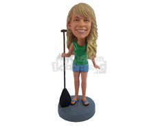 Custom Bobblehead Girl holding a paddle board wearing sleeveless shirt and shorts on a hot day - Sports & Hobbies Surfing & Water Sports Personalized Bobblehead & Action Figure