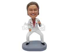 Custom Bobblehead Famous singer on a funny open legged pose singing with his mic wearing a classical outfit - Super Heroes & Movies Movie Characters Personalized Bobblehead & Action Figure