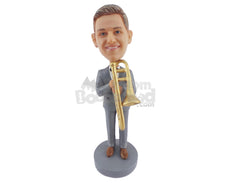 Custom Bobblehead Handsome Man Holding A Trumpet - Musicians & Arts Wind Instruments Personalized Bobblehead & Cake Topper