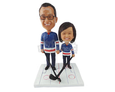 Custom Bobblehead Dad And His Son Playing With Ice Hockey Sticks - Parents & Kids Dad & Kids Personalized Bobblehead & Cake Topper