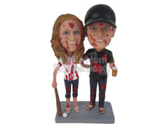 Custom Bobblehead Zombie Baseball Couple In Baseball Outfit - Holidays & Festivities Halloween Personalized Bobblehead & Cake Topper