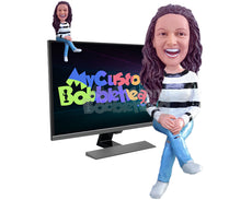 Personalized Computer Screen & Car Dashboard Sitting Buddy Custom Bobblehead - Astonishing Gal in Trendy Jeans & Sweater