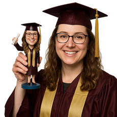 Custom Bobblehead Cheerful graduate holding a diploma up high on a world globe base - Careers & Professionals Graduates Personalized Bobblehead & Action Figure