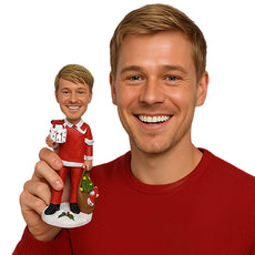 Custom Bobblehead Stylish Fella Wearing Santa Claus Dress With Christmas Gift In Hand - Holidays & Festivities Christmas Personalized Bobblehead & Cake Topper