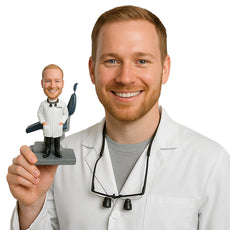 Custom Bobblehead Nice optometrist doctor with both hands inside lab coat with chair on the back and goggles around the neck - Careers & Professionals Optometrists Personalized Bobblehead & Action Figure