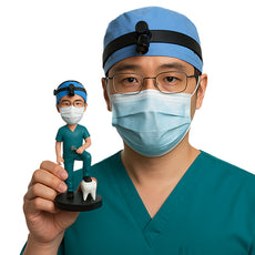 Custom Bobblehead Cool dentist steping on a big dental mold wering scrubs with dental tools - Careers & Professionals Dentists Personalized Bobblehead & Action Figure