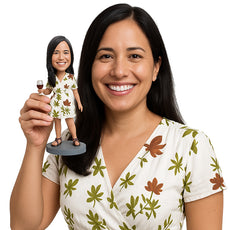 Custom Bobblehead Dashing gal wearing nice summer dress with heel sandals holding a glass of wine - Leisure & Casual Casual Females Personalized Bobblehead & Action Figure