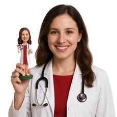 Custom Bobblehead Female Doctor Wearing A Stylish Strapless Dress Under Her Lab Coat - Careers & Professionals Medical Doctors Personalized Bobblehead & Cake Topper