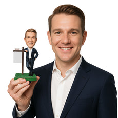 Custom Bobblehead Male Real Estate Agent Wearing A Stylish Suit And Leaning Against The Sign - Careers & Professionals Real Estate Agents Personalized Bobblehead & Cake Topper