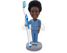 Custom Bobblehead Nice dentist guy streching his arm out to hold a real tooth brush wearing scrubs - Careers & Professionals Dentists Personalized Bobblehead & Action Figure