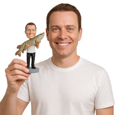 Custom Bobblehead Fisherman In Casual Attire Catches A Big Fish - Sports & Hobbies Fishing Personalized Bobblehead & Cake Topper