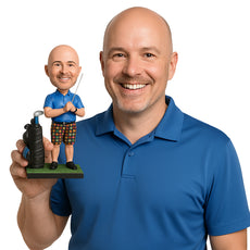 Custom Bobblehead Male Golfer In T-Shirt And Shorts With His Golfing Club Simulating Big Shot - Sports & Hobbies Golfing Personalized Bobblehead & Cake Topper