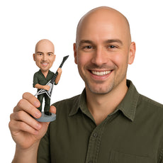 Custom Bobblehead Stylish Dude With His Guitar Wearing A Shirt - Musicians & Arts Strings Instruments Personalized Bobblehead & Cake Topper