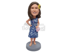 Custom Bobblehead Casual lady wearing nice summer dress with sandals and a pretty purse at the side - Leisure & Casual Casual Females Personalized Bobblehead & Action Figure