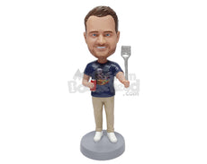 Custom Bobblehead Cool BBQ guy drinking  a beer an holding a spatule on the other - Leisure & Casual Casual Males Personalized Bobblehead & Action Figure