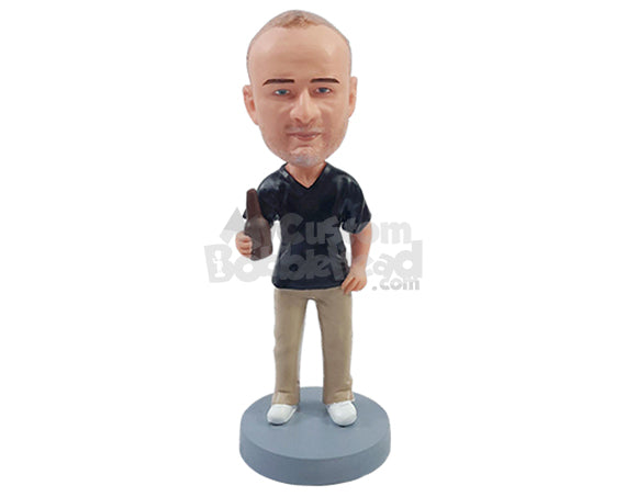 Custom Bobblehead Relaxed guy holding a beer wearing a v-neck t-shirt and pants - Leisure & Casual Casual Males Personalized Bobblehead & Action Figure