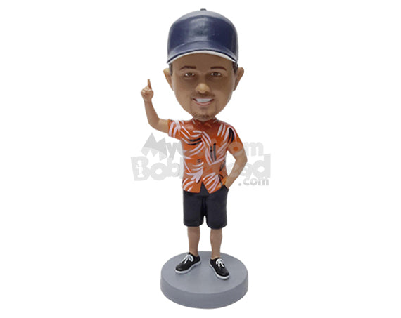 Custom Bobblehead Tourist raising hand to ask something wearing a Hawaiian shirt and shorts with the other hand inside pocket - Leisure & Casual Casual Males Personalized Bobblehead & Action Figure