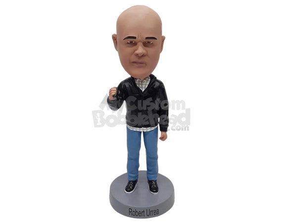 Custom Bobblehead Serious man showing fist wearing a jacket a collared shirt and nice shoes - Leisure & Casual Casual Males Personalized Bobblehead & Action Figure