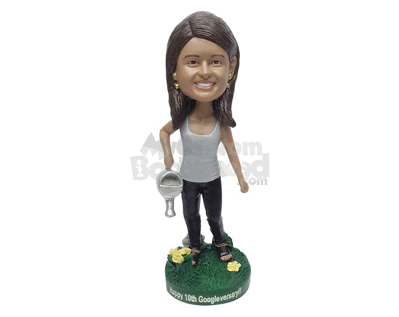Custom Bobblehead Female House gardner holding a watering can wearing a tank top and slid in sandals - Leisure & Casual Casual Females Personalized Bobblehead & Action Figure