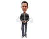 Custom Bobblehead Handsome Alpha Male In Jacket Holding Mobile In Hand - Leisure & Casual Casual Males Personalized Bobblehead & Cake Topper