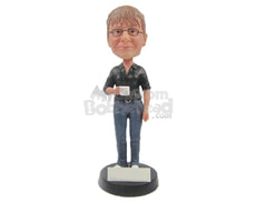 Custom Bobblehead Smiling Smart Bold Woman Holding A Cup - Leisure & Casual Casual Females Personalized Bobblehead & Cake Topper