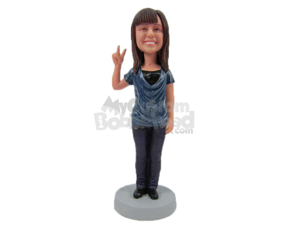 Custom Bobblehead Happy Cute Girl In Stylish Top With Peace Hand Sign - Leisure & Casual Casual Females Personalized Bobblehead & Cake Topper