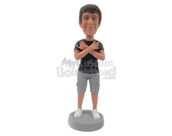 Custom Bobblehead Cool Dude In Shorts With Rock On Hand Gesture - Leisure & Casual Casual Males Personalized Bobblehead & Cake Topper