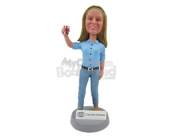Custom Bobblehead Gorgeous Lady In Stylish Shirt Holding A Can - Leisure & Casual Casual Females Personalized Bobblehead & Cake Topper