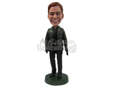 Custom Bobblehead Handsome Hunk In Awesome Leather Jacket Holding Gun In One Hand - Leisure & Casual Casual Males Personalized Bobblehead & Cake Topper