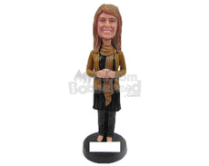 Custom Bobblehead Smart And Happy Lady In Trendy Matching Scarf Holding Cup In Her Hands - Leisure & Casual Casual Females Personalized Bobblehead & Cake Topper