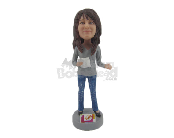 Custom Bobblehead Gorgeous Girl N Trendy Outfit With A Paper In Hand - Leisure & Casual Casual Females Personalized Bobblehead & Cake Topper