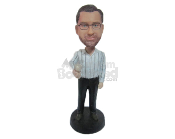 Custom Bobblehead Neat Gentleman In Stripes Shirt Holding A Glass - Leisure & Casual Casual Males Personalized Bobblehead & Cake Topper