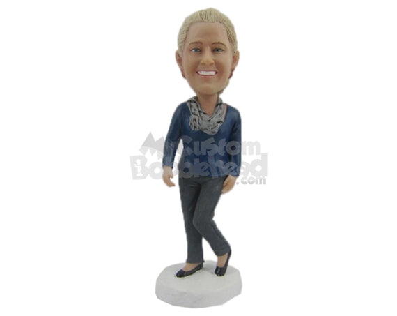 Custom Bobblehead Graceful Happy Woman In Casual With A Scarf - Leisure & Casual Casual Females Personalized Bobblehead & Cake Topper