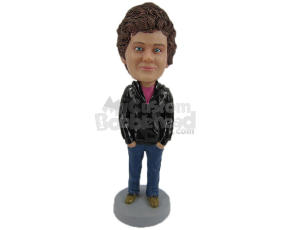 Custom Bobblehead Lovely Woman In Trendy Leather Jacket With Hands In Her Pocket - Leisure & Casual Casual Females Personalized Bobblehead & Cake Topper