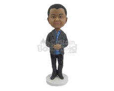 Custom Bobblehead Dapper Gentleman In Trendy Sweater With Hands Joined - Leisure & Casual Casual Males Personalized Bobblehead & Cake Topper