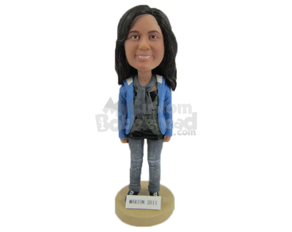 Custom Bobblehead Beautiful Girl In Trendy Clothes With Scarf Around Her Neck - Leisure & Casual Casual Females Personalized Bobblehead & Cake Topper