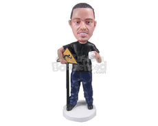 Custom Bobblehead Muscular Dude Standing Next To A Sign Post With A Cup In Hand - Leisure & Casual Casual Males Personalized Bobblehead & Cake Topper