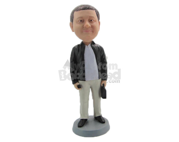 Custom Bobblehead Handsome Gentleman In Jacket With Bag And Mobile In Hand - Leisure & Casual Casual Males Personalized Bobblehead & Cake Topper