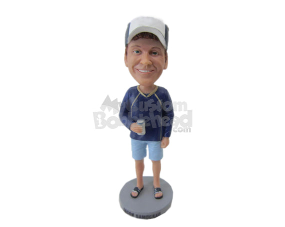 Custom Bobblehead Casual Male In Shorts And Sandals Holding A Can Of Beer - Leisure & Casual Casual Males Personalized Bobblehead & Cake Topper