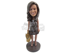 Custom Bobblehead Gorgeous Girl In Dazzling Dress With A Dogface Bag - Leisure & Casual Casual Females Personalized Bobblehead & Cake Topper