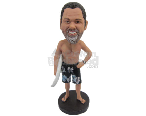 Custom Bobblehead Handsome Hunk In Short With A Surfing Board - Leisure & Casual Casual Males Personalized Bobblehead & Cake Topper