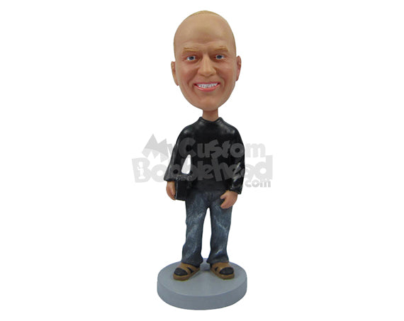 Custom Bobblehead Handsome Happy Male In Casuals With A Handbag - Leisure & Casual Casual Males Personalized Bobblehead & Cake Topper