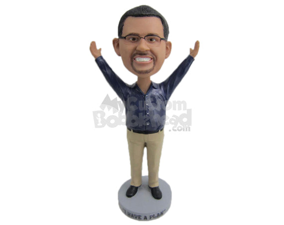 Custom Bobblehead Happy Smart Gentleman With Arms Wide Open - Leisure & Casual Casual Males Personalized Bobblehead & Cake Topper
